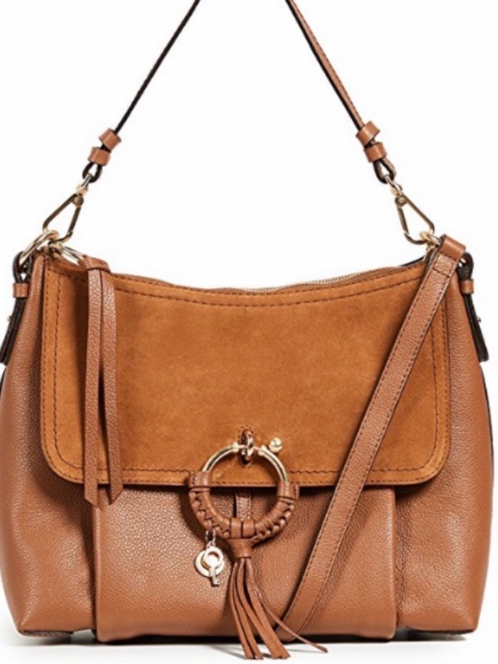 Chloe Two-Tone Brown & Tan Suede and Leather Shoulder Bag with Gold Ring